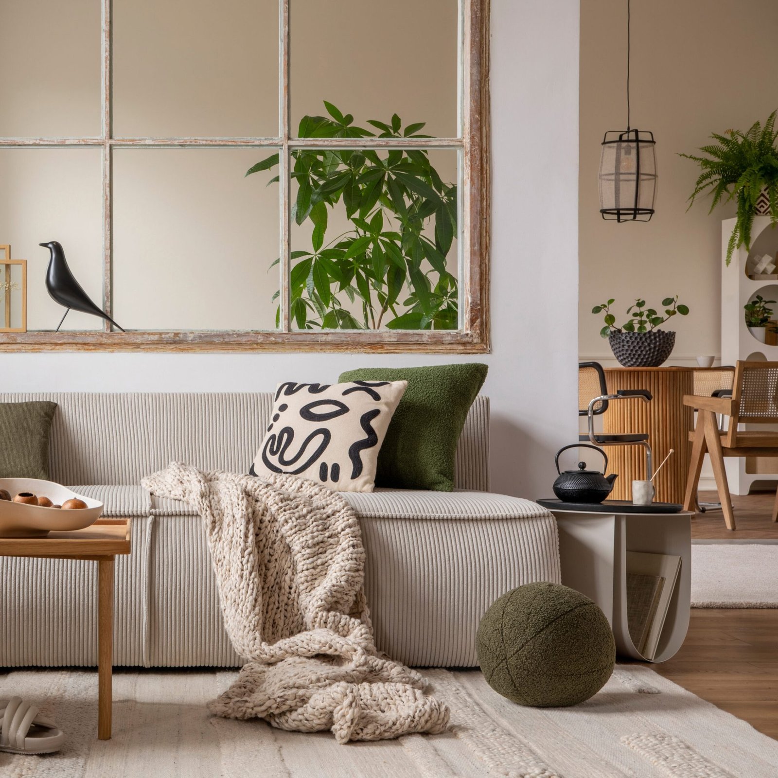 Open space interior with modular sofa, wooden coffee table, big window, patterned pillows, braided plaid, stylish lamp, beige coffee table, plants and personal accessories. Home decor. Template.