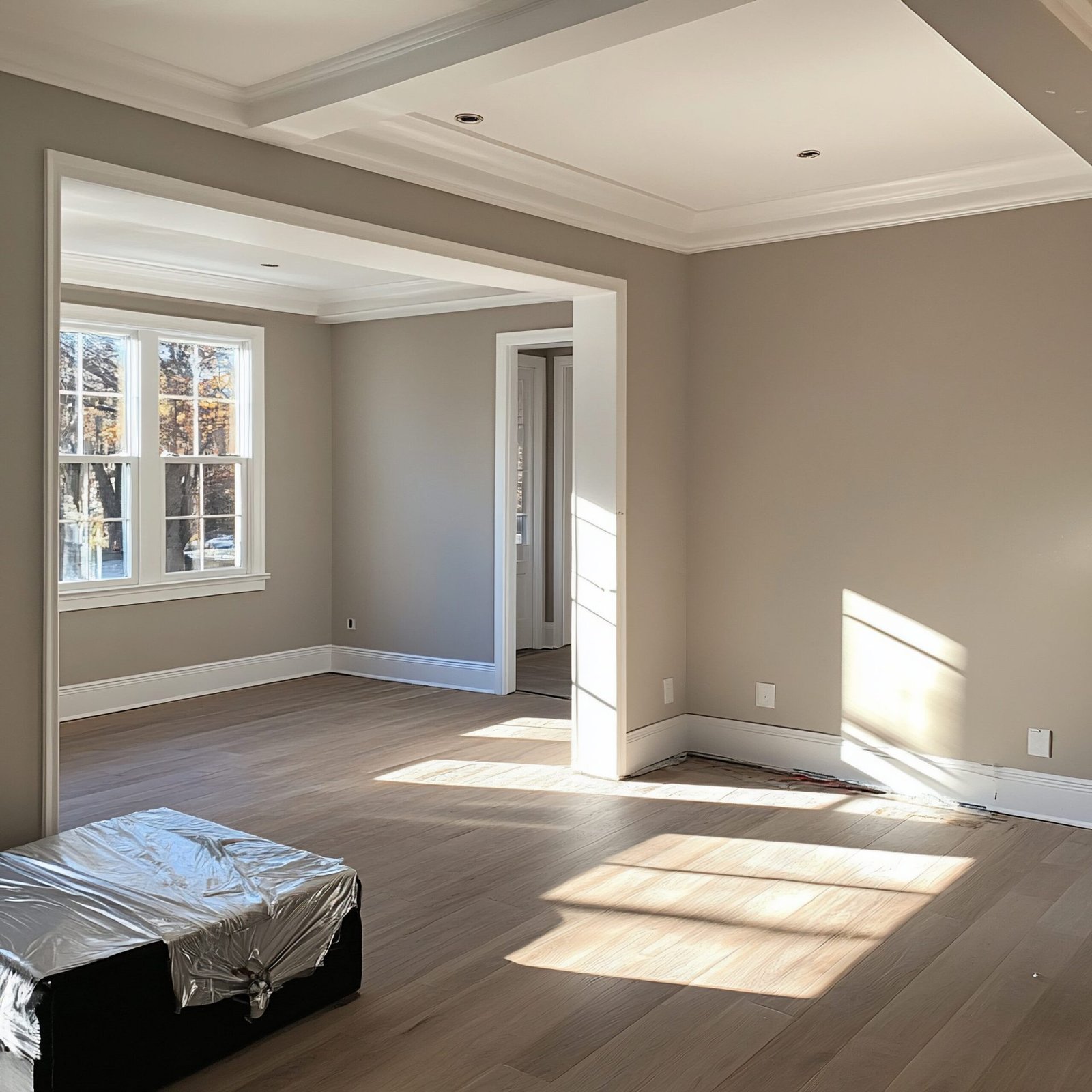 Sunlit empty room with hardwood floors, white trim, and neutral walls.